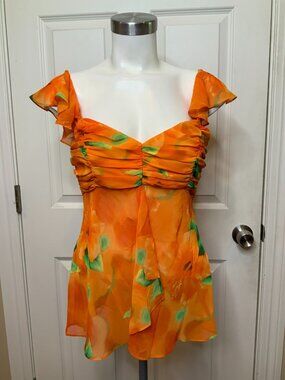Escada Orange Green Floral Sheer Flutter Top W/ Ruffles, Size 6 | 38 FR